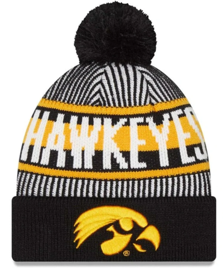 Iowa Hawkeyes Black NCAA New Era Knitstripe Cuffed Pom Knit Hat for Men product image 1, provided for visual reference and