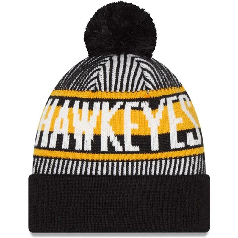 Iowa Hawkeyes Black NCAA New Era Knitstripe Cuffed Pom Knit Hat for Men product image 2, provided for visual reference and