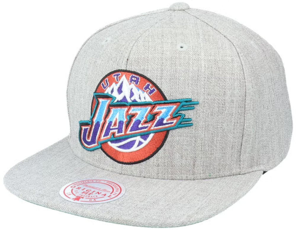 Utah Jazz HWC Gray Heathered 2.0 Mitchell & Ness Snapback Hat product image 1, provided for visual reference and product
