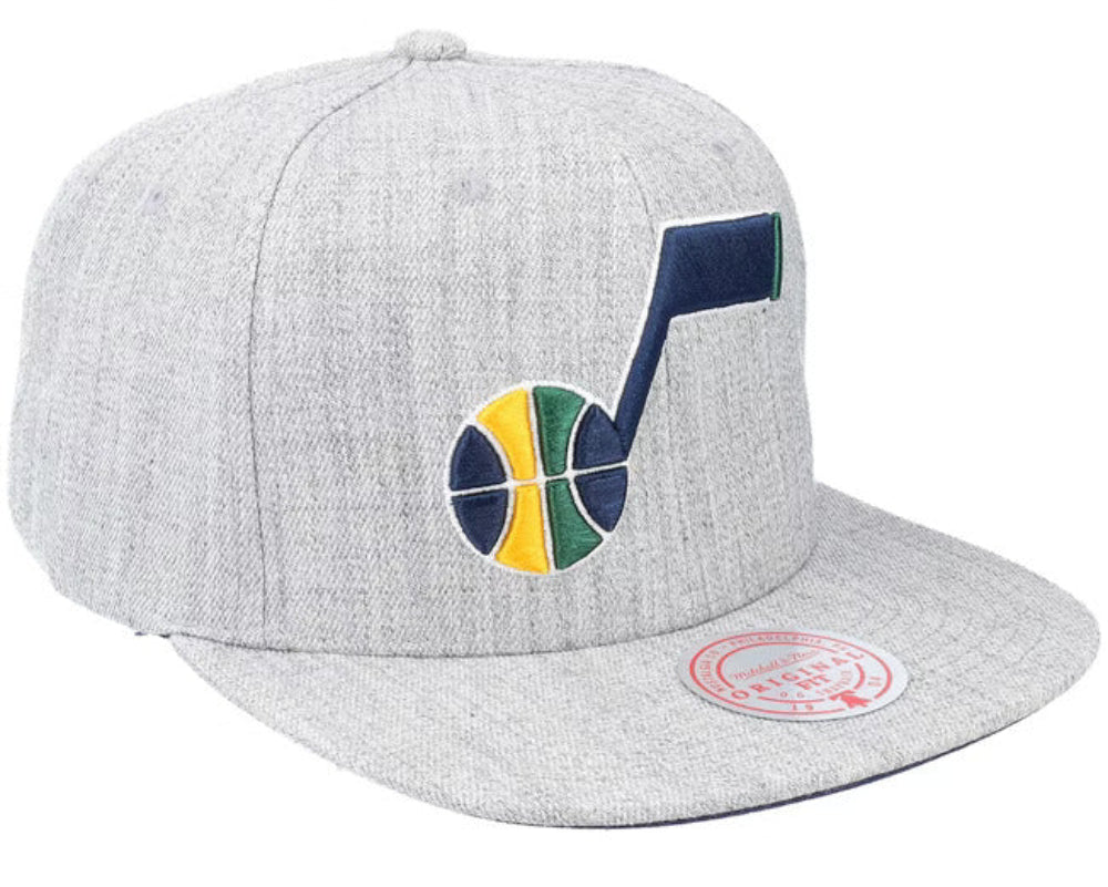 Utah Jazz Gray Heathered 2.0 Mitchell & Ness Snapback Hat product image 2, provided for visual reference and product detail