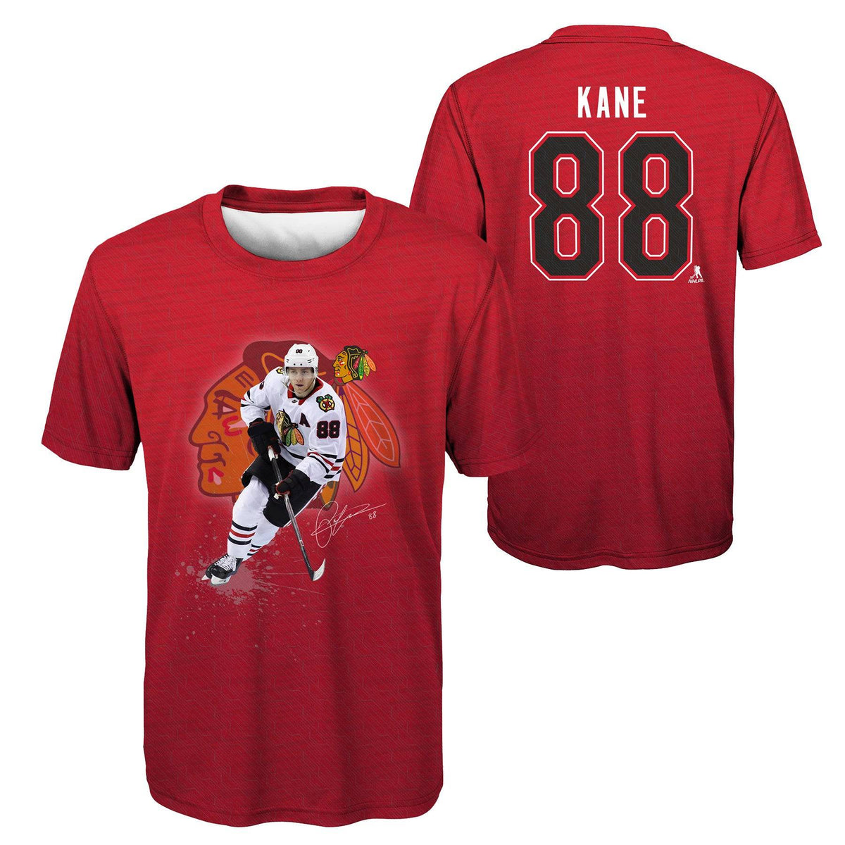 Youth Patrick Kane Sublimated Player Action Performance T-Shirt product image 1, provided for visual reference and product