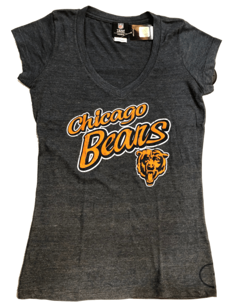 Womens Chicago Bears Cursive Script V-Neck T-Shirt product image 1, provided for visual reference and product detail review