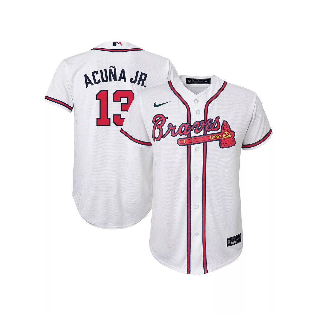 NIKE Youth Ronald Acuna Jr. Atlanta Braves White Home Replica Jersey product image 1, provided for visual reference and