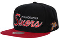 Philadelphia 76ers HWC Team Script 2.0 Mitchell & Ness Snapback Hat product image 1, provided for visual reference and