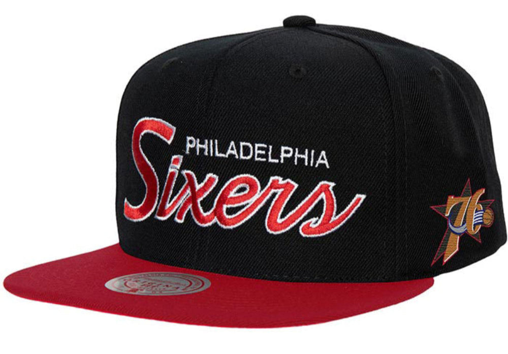 Philadelphia 76ers HWC Team Script 2.0 Mitchell & Ness Snapback Hat product image 1, provided for visual reference and