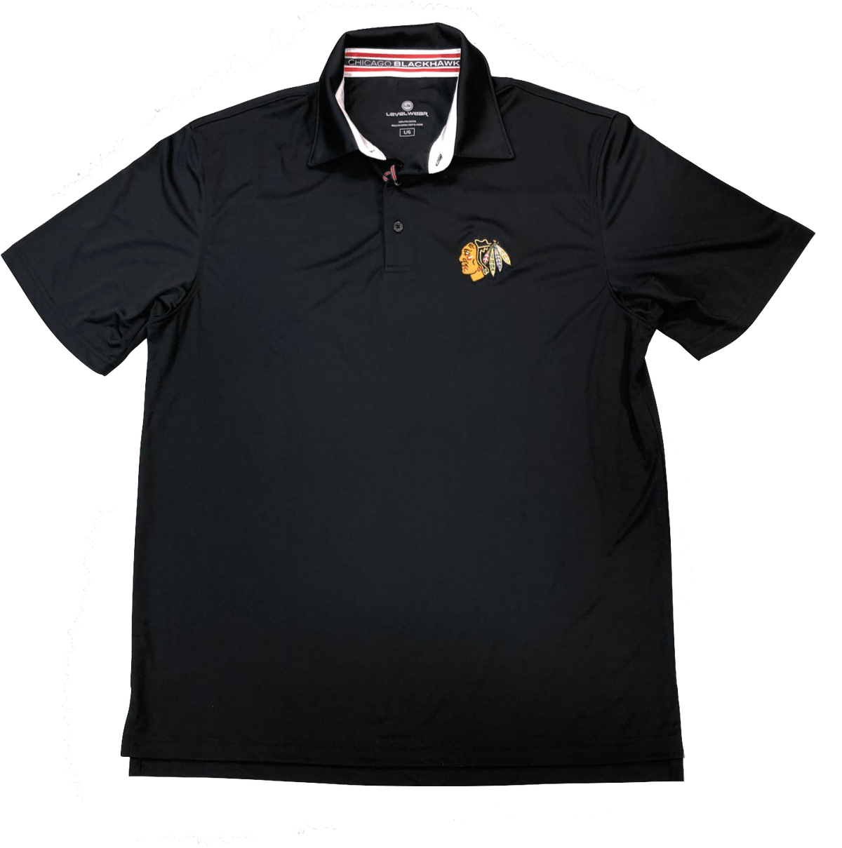 Chicago Blackhawks RPM Back Stripe Polo By Levelwear-Black product image 1, provided for visual reference and product detail