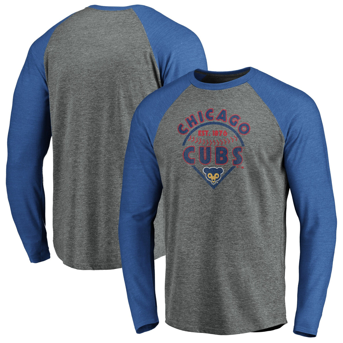 Chicago Cubs Fanatics Branded Gray/Royal True Classics Outfield Arc Raglan Long Sleeve T-Shirt for Men product image 1,