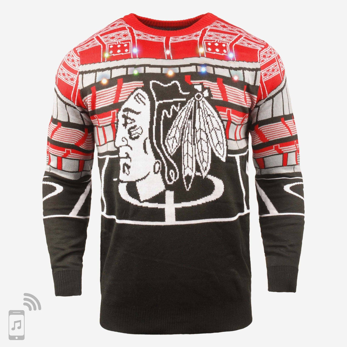 Mens Chicago Blackhawks Light Up Bluetooth Sweater By Foco product image 1, provided for visual reference and product detail