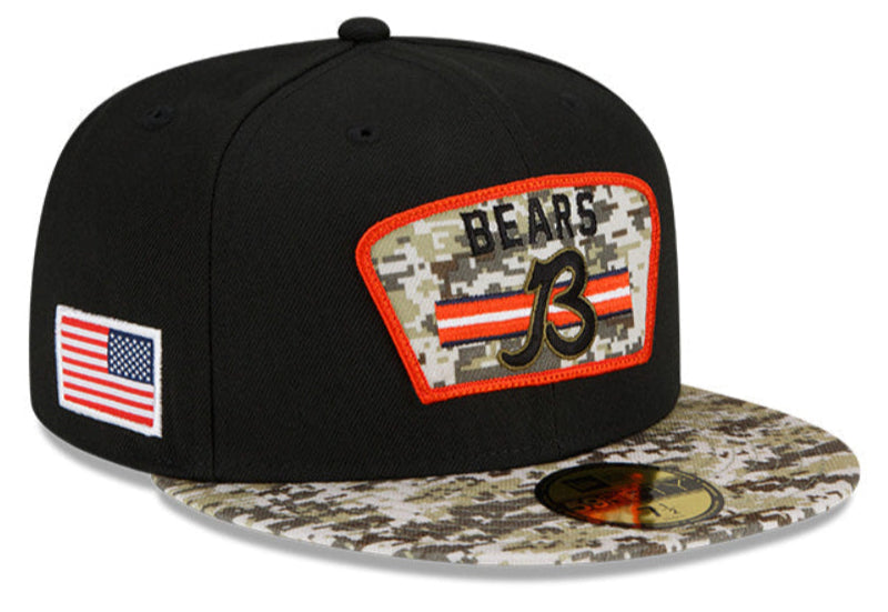 Chicago Bears B Logo New Era Black/Camo 2021 NFL Sideline Salute To Service 59FIFTY Fitted Hat for Men product image 1,