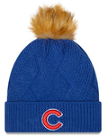 Chicago Cubs New Era Royal Snowy Cuffed Knit Hat with Pom for Women product image 1, provided for visual reference and