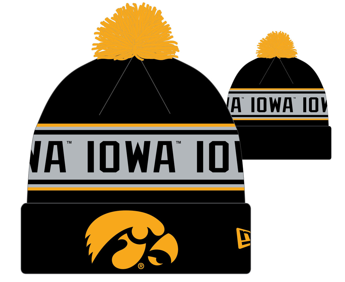Iowa Hawkeyes NCAA New Era Black Repeat Cuffed Pom Knit Hat product image 1, provided for visual reference and product