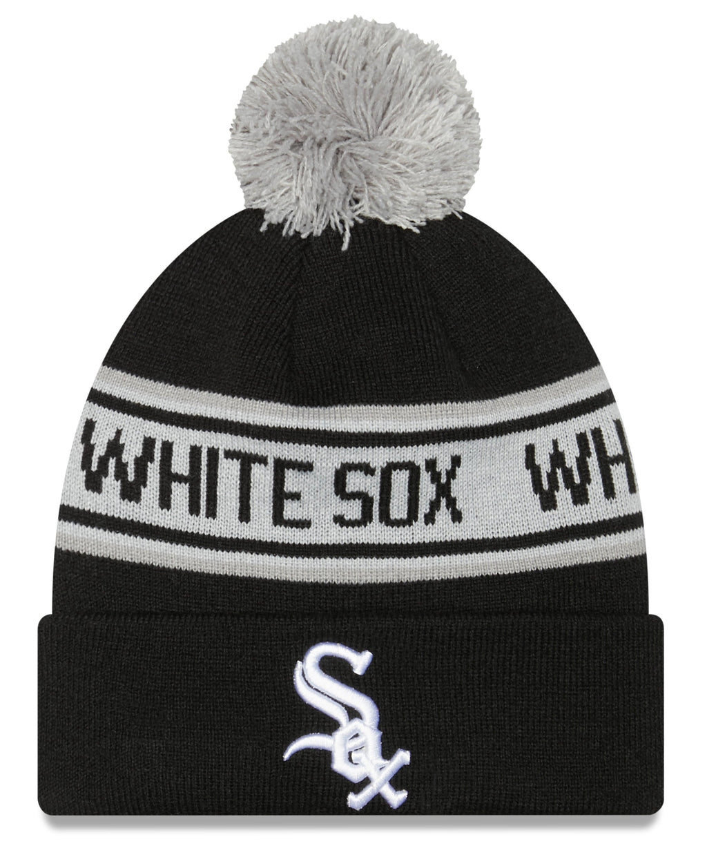 Chicago White Sox New Era Black Repeat Cuffed Pom Knit Hat product image 1, provided for visual reference and product detail