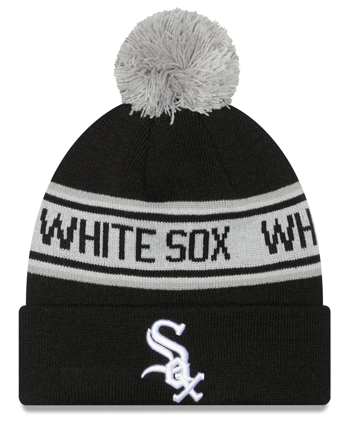 Chicago White Sox New Era Black Repeat Cuffed Pom Knit Hat product image 1, provided for visual reference and product detail