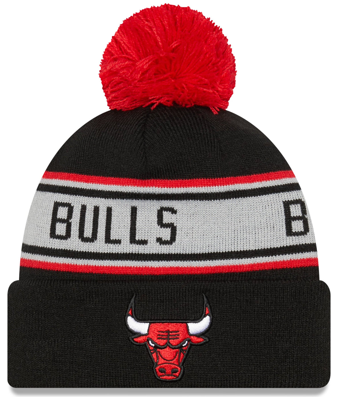 Chicago Bulls New Era Black Repeat Cuffed Pom Knit Hat product image 1, provided for visual reference and product detail
