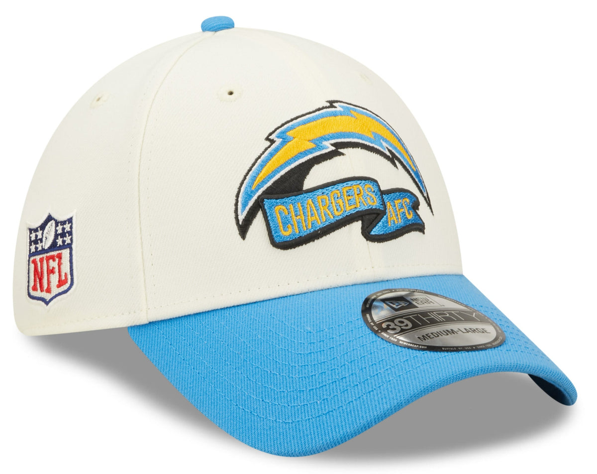 Los Angeles Chargers New Era Cream/Blue 2022 Sideline 39THIRTY Flex Hat for Men product image 1, provided for visual