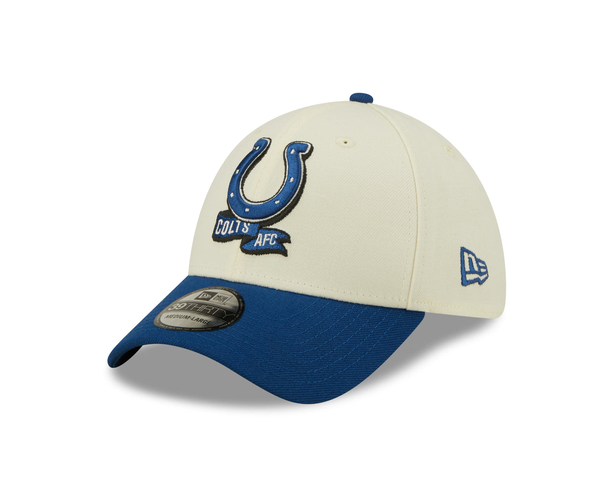 Indianapolis Colts New Era Cream/Royal 2022 Sideline 39THIRTY Flex Hat for Men product image 3, provided for visual