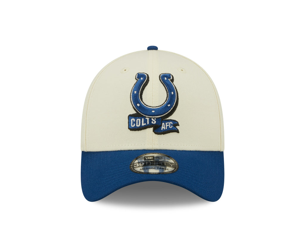 Indianapolis Colts New Era Cream/Royal 2022 Sideline 39THIRTY Flex Hat for Men product image 2, provided for visual