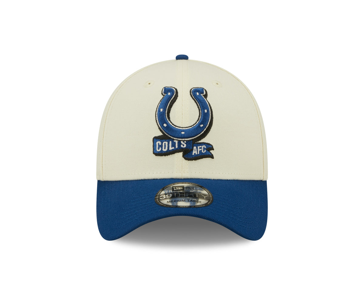 Indianapolis Colts New Era Cream/Royal 2022 Sideline 39THIRTY Flex Hat for Men product image 2, provided for visual