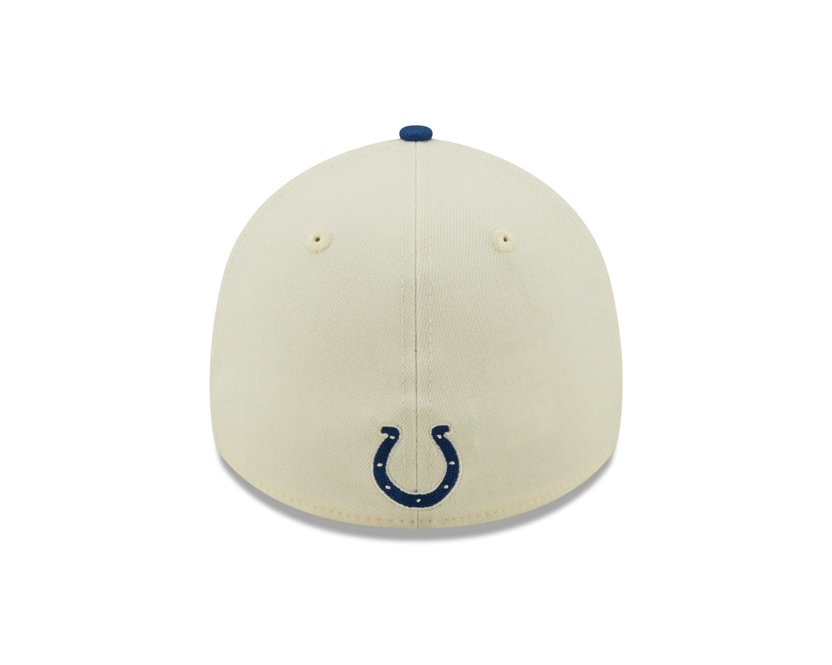 Indianapolis Colts New Era Cream/Royal 2022 Sideline 39THIRTY Flex Hat for Men product image 6, provided for visual