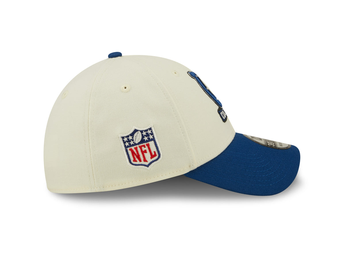 Indianapolis Colts New Era Cream/Royal 2022 Sideline 39THIRTY Flex Hat for Men product image 4, provided for visual