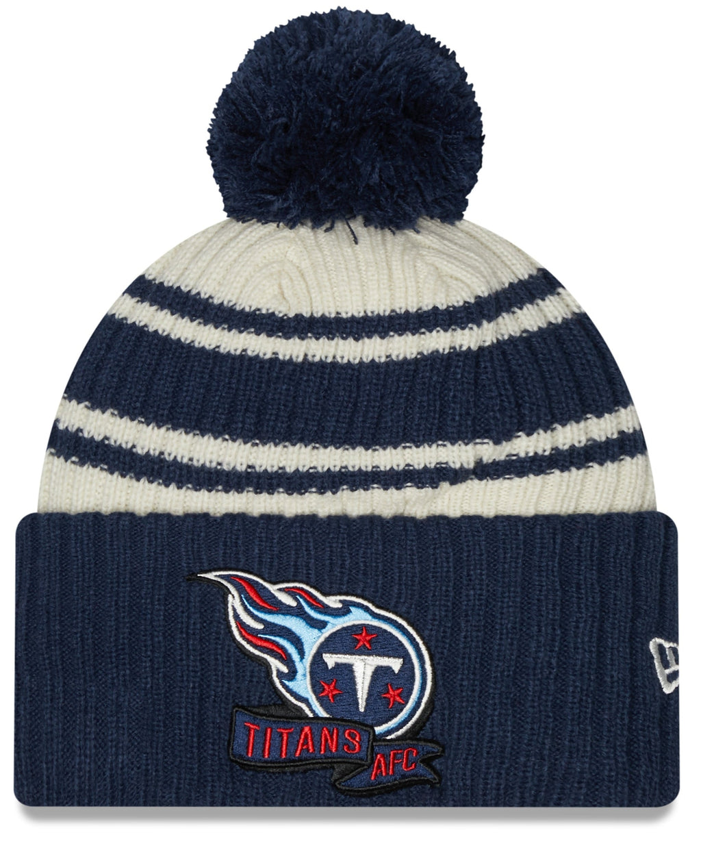 Tennessee Titans New Era Navy 2022 NFL Sideline Sport Pom Cuffed Knit Hat product image 1, provided for visual reference and