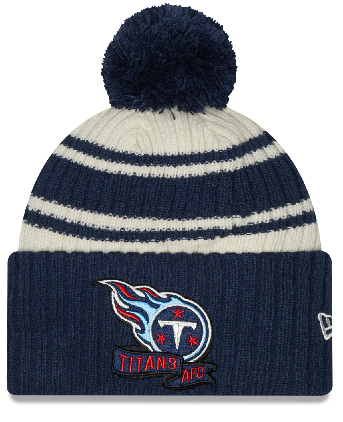 Tennessee Titans New Era Navy 2022 NFL Sideline Sport Pom Cuffed Knit Hat product image 1, provided for visual reference and