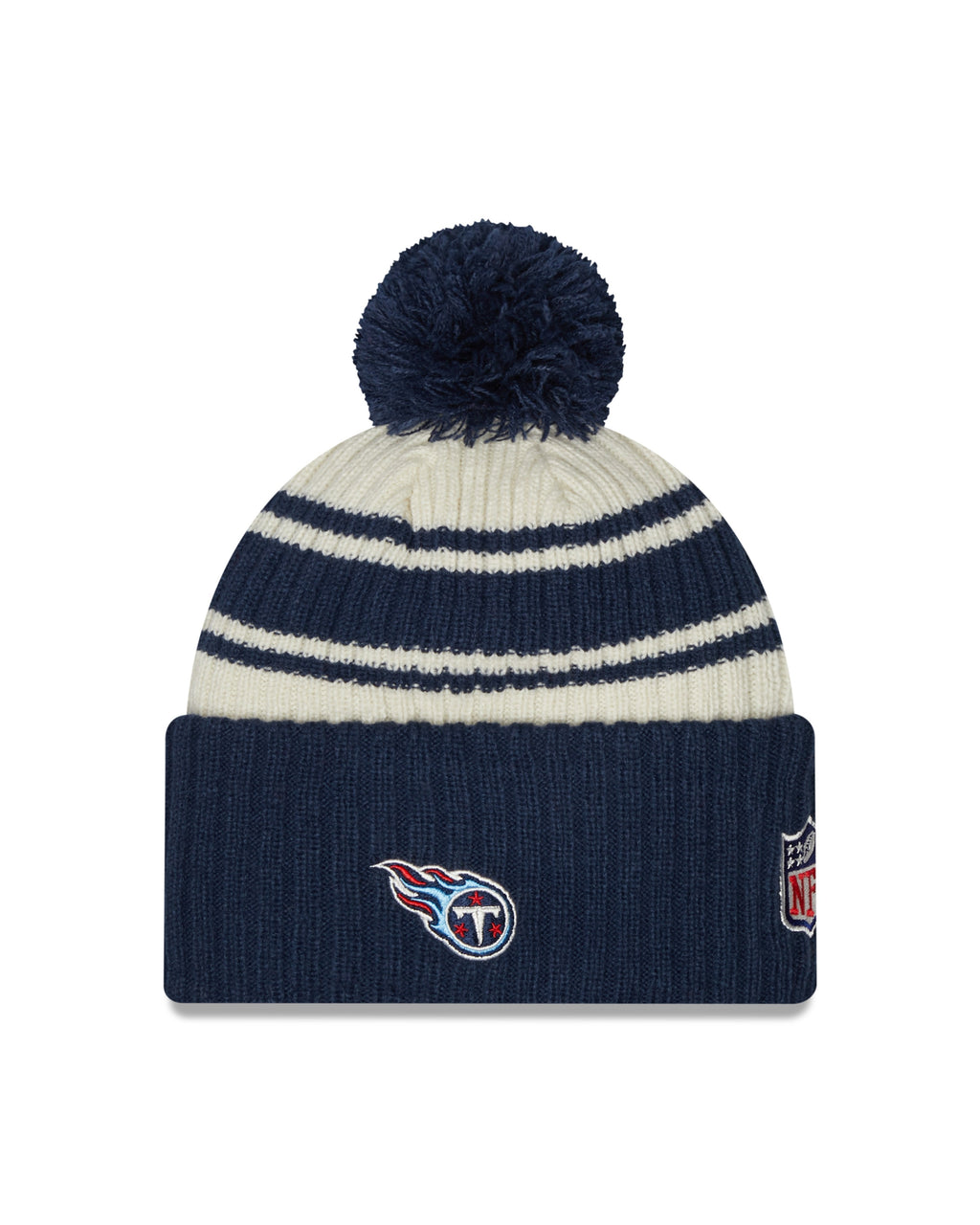Tennessee Titans New Era Navy 2022 NFL Sideline Sport Pom Cuffed Knit Hat product image 2, provided for visual reference and