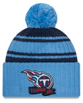 Tennessee Titans New Era Blue 2022 NFL Sideline Sport Pom Cuffed Knit Hat product image 1, provided for visual reference and