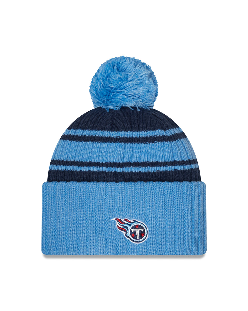 Tennessee Titans New Era Blue 2022 NFL Sideline Sport Pom Cuffed Knit Hat product image 2, provided for visual reference and