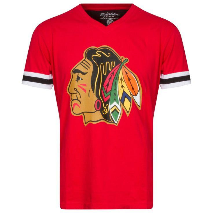 Mens Chicago Blackhawks 1970's Logo Hat Trick V Neck T-Shirt product image 1, provided for visual reference and product