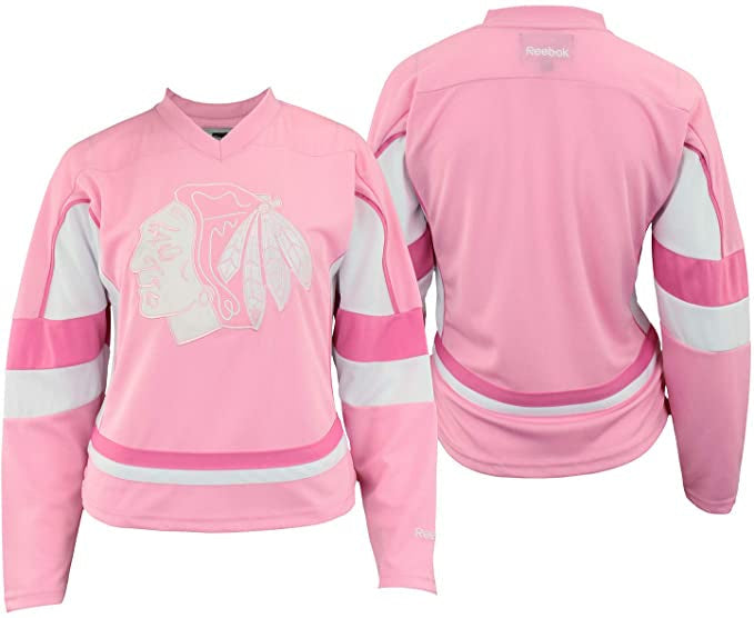 Youth Girls Chicago Blackhawks Pink Replica Player Jersey product image 1, provided for visual reference and product detail