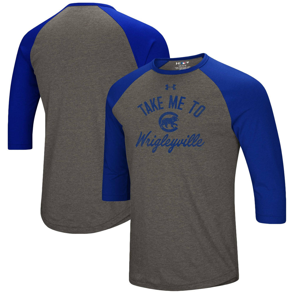 Chicago Cubs Under Armour Heathered Gray/Royal Heritage Tri-Blend Raglan 3/4- Sleeve T-Shirt for Men product image 1,