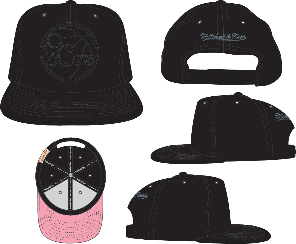 Philadelphia 76ers Mitchell & Ness Tonal Black Pink Moon Snapback Hat product image 3, provided for visual reference and