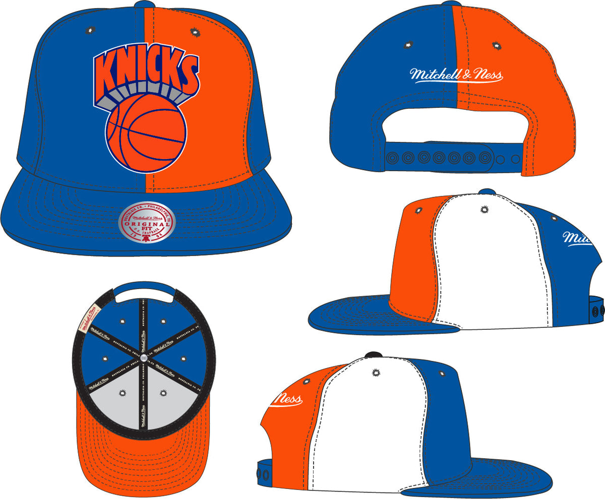 New York Knicks Mitchell & Ness NBA Pinwheel Snapback Hat for Men product image 2, provided for visual reference and product