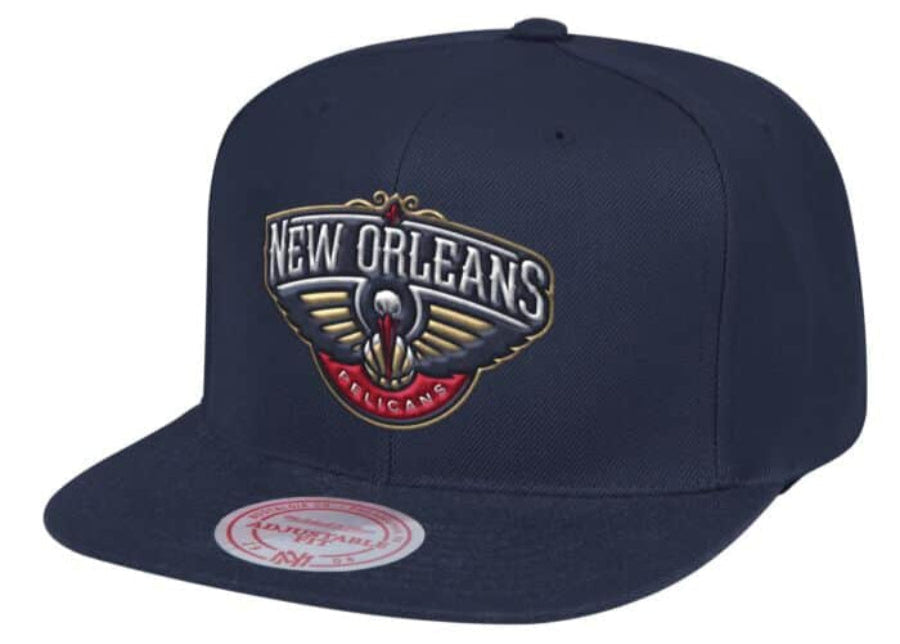 Mens NBA New Orleans Pelicans Navy Team Ground Snapback Hat By Mitchell And Ness product image 1, provided for visual
