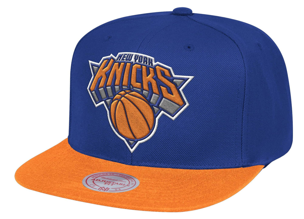 Mens NBA New York Knicks Blue/Orange 2 Tone Snapback Hat By Mitchell And Ness product image 1, provided for visual reference