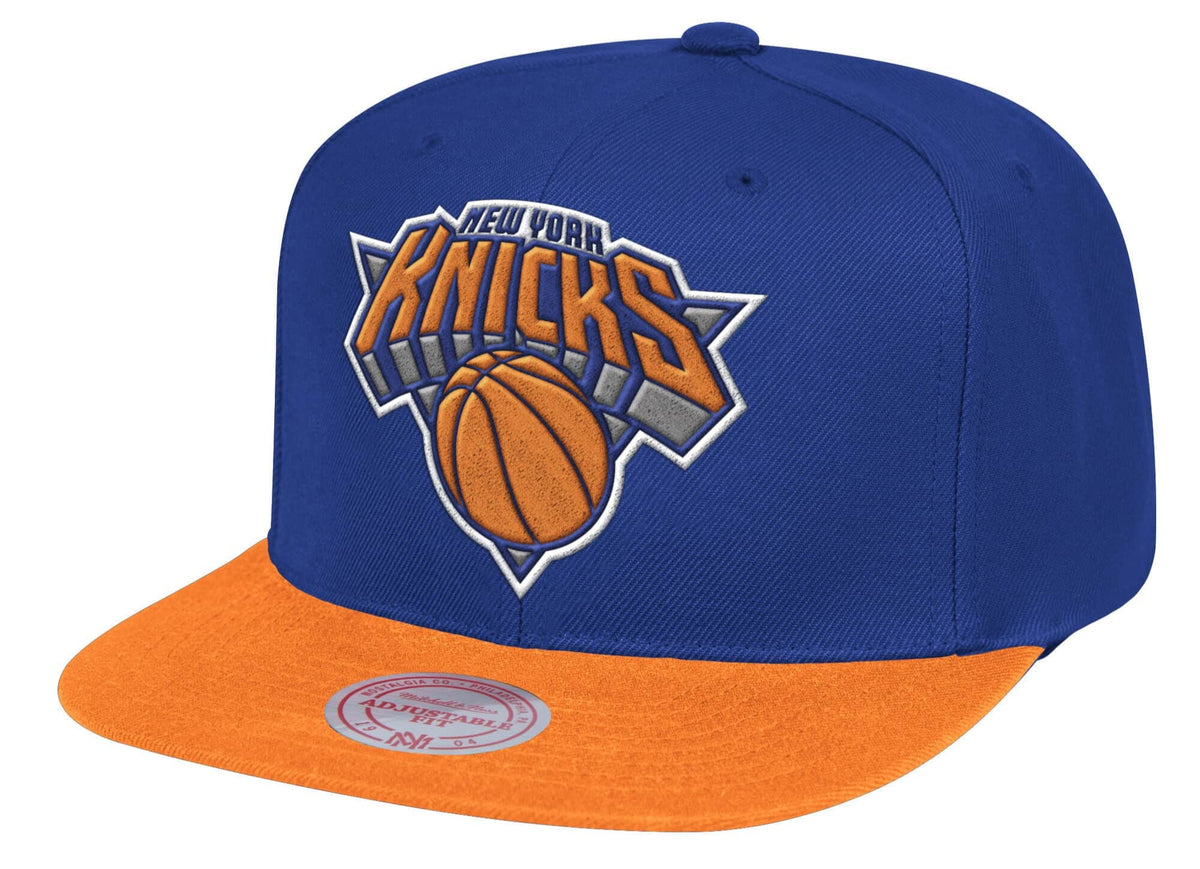 Mens NBA New York Knicks Blue/Orange 2 Tone Snapback Hat By Mitchell And Ness product image 1, provided for visual reference