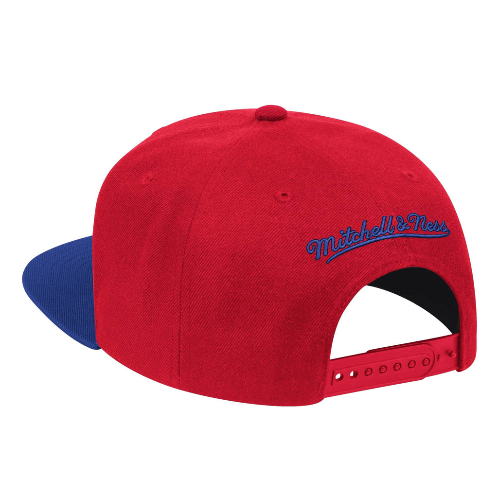 Mens NBA Philadelphia 76ers Red/Royal Wool 2 Tone Snapback Hat By Mitchell And Ness product image 2, provided for visual