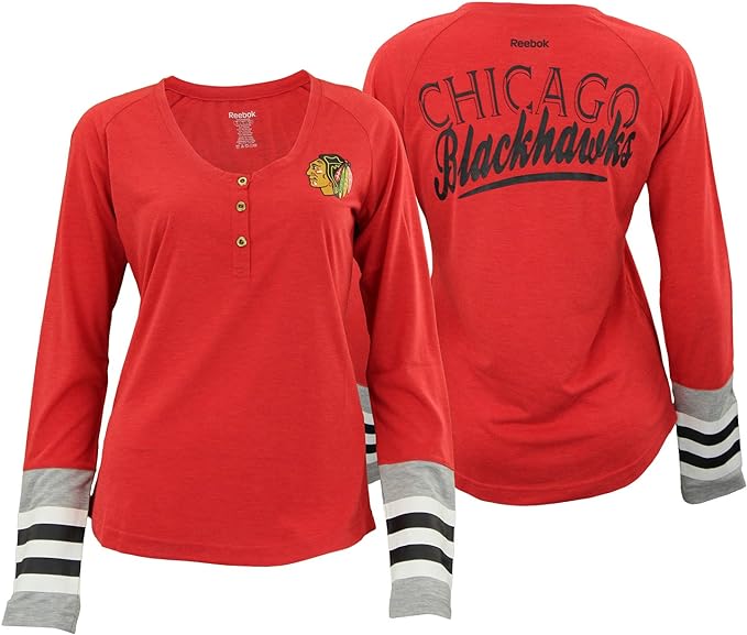 Chicago Blackhawks Reebok Red Stripe Henley Long Sleeve T-Shirt for Women product image 1, provided for visual reference and
