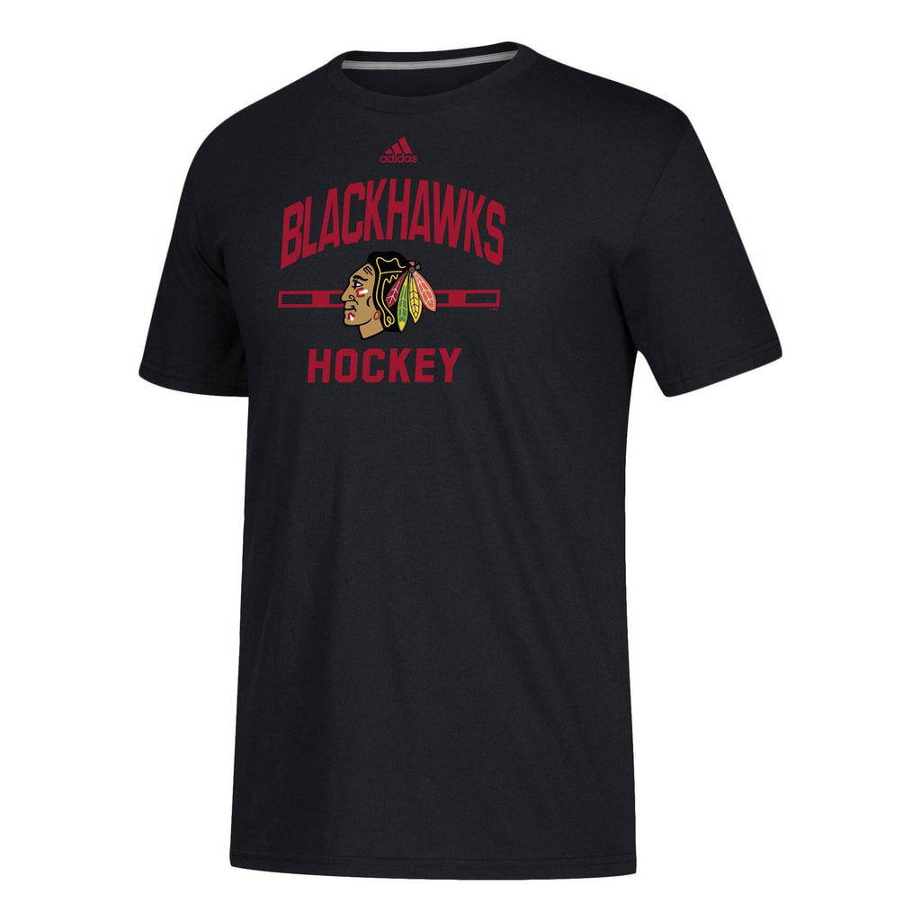 Mens Chicago Blackhawks Centered Performance Adidas Black T-Shirt product image 1, provided for visual reference and product