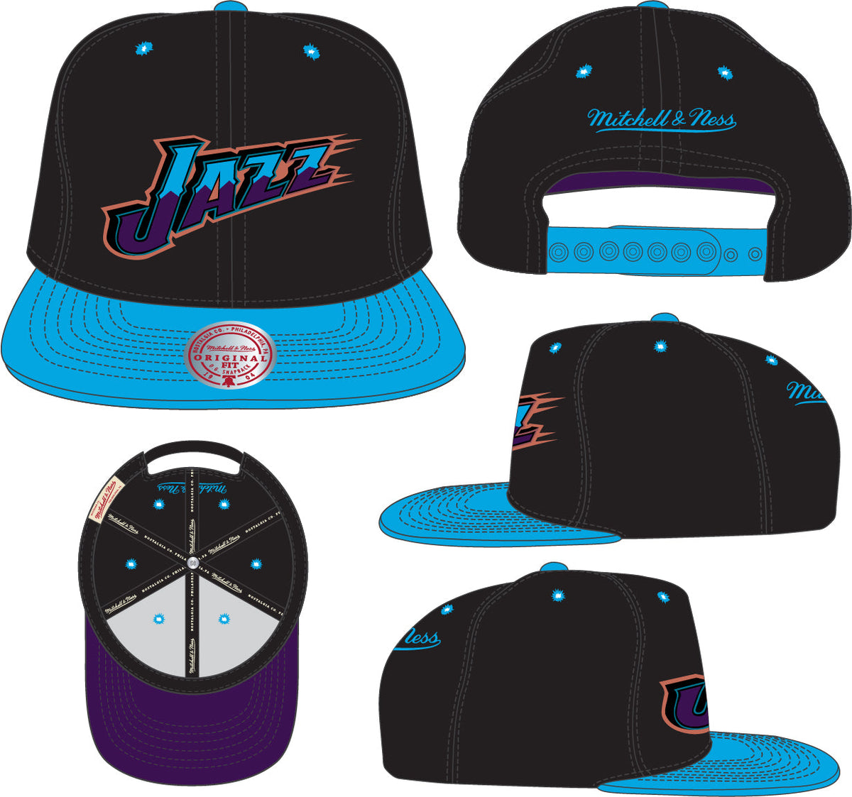 Utah Jazz Mitchell & Ness Hardwood Classics Reload 2.0 Snapback Hat - Black/Light Blue product image 4, provided for visual