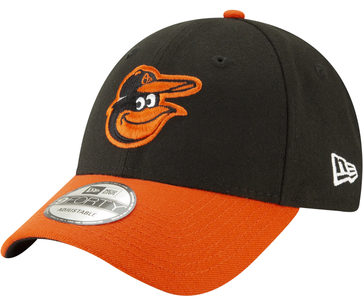 Mens New Era Baltimore Orioles The League 9FORTY Black/Orange Road Adjustable Game Cap product image 1, provided for visual
