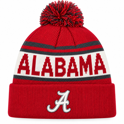 Alabama Crimson Tide NCAA Top of the World Crimson Cuffed Pom Knit Hat product image 1, provided for visual reference and