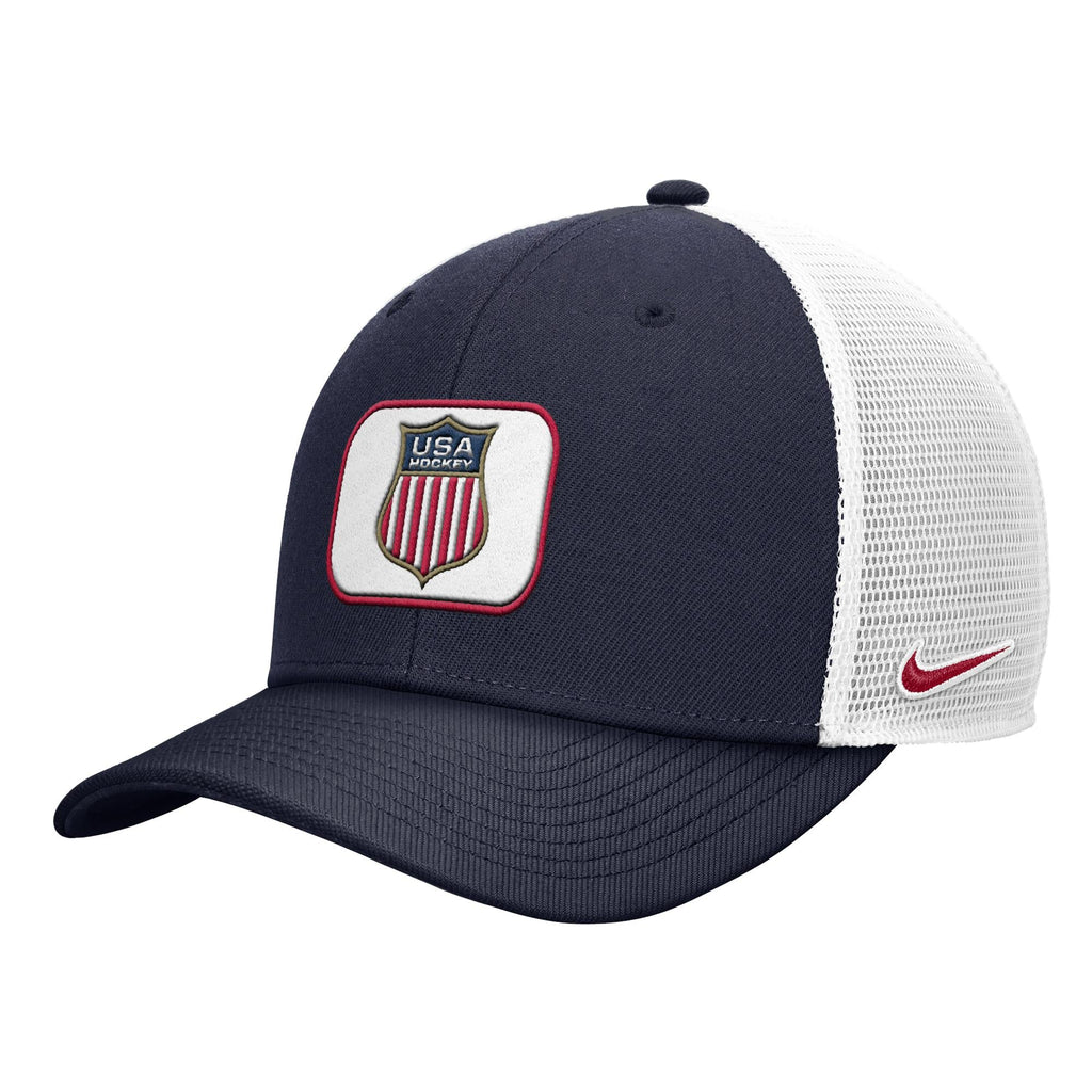 USA Hockey Shield Logo Navy/White Rise Trucker Adjustable Mesh Back Hat product image 1, provided for visual reference and
