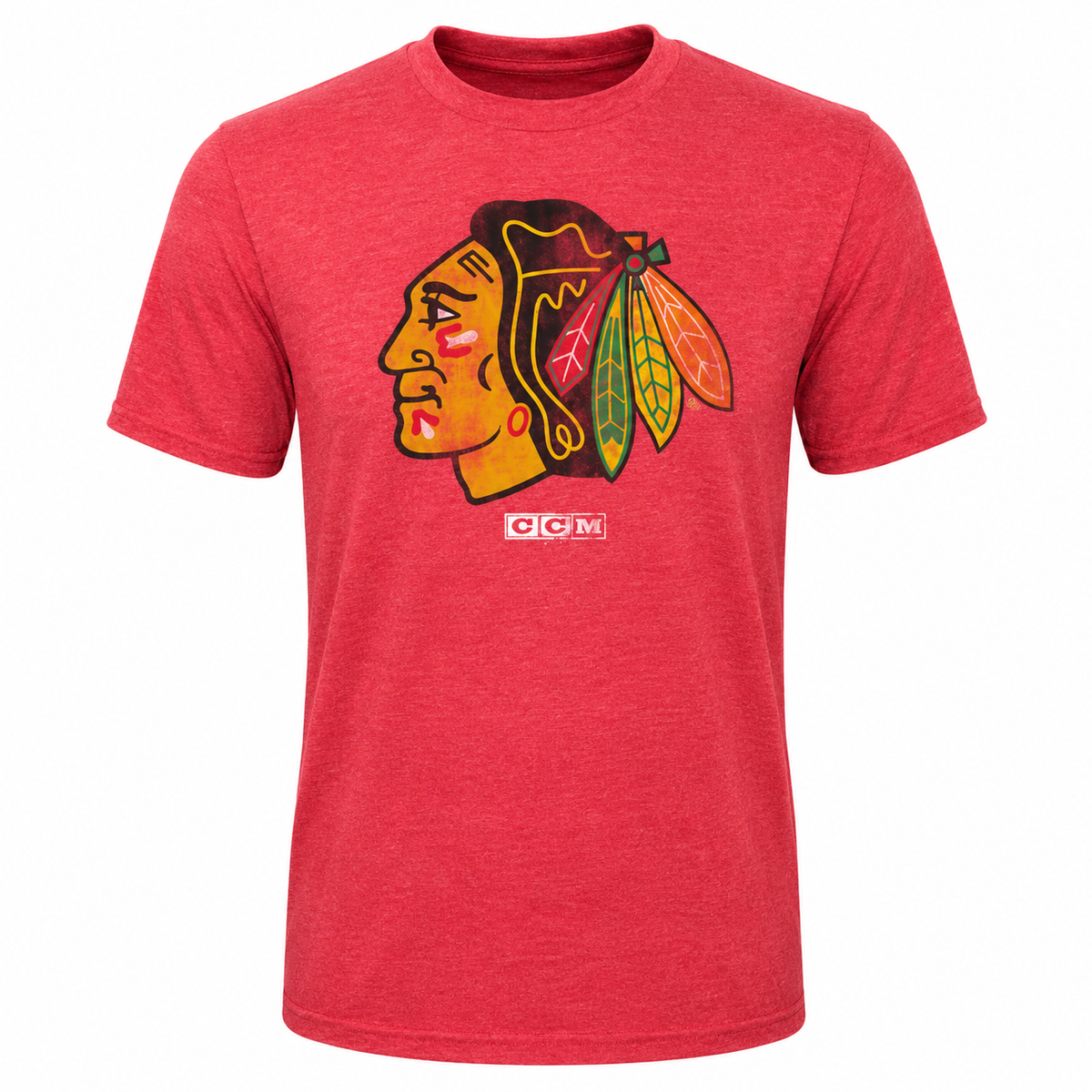 Youth Chicago Blackhawks CCM Red Tri-blend T-Shirt product image 1, provided for visual reference and product detail review