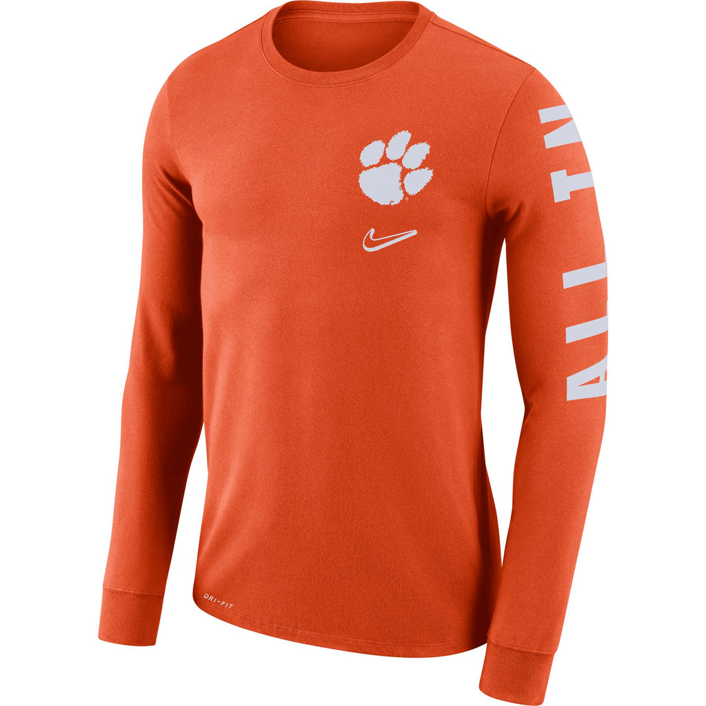 Mens Nike Clemson Tigers Mantra Orange Long Sleeve T-Shirt product image 1, provided for visual reference and product detail