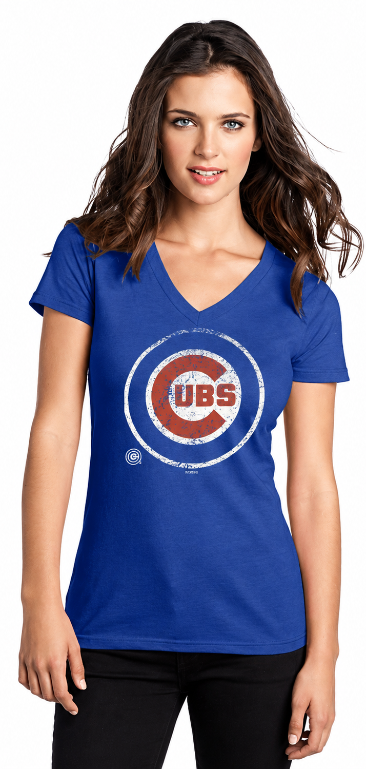 Womens Chicago Cubs Bullseye V-Neck T-Shirt product image 1, provided for visual reference and product detail review