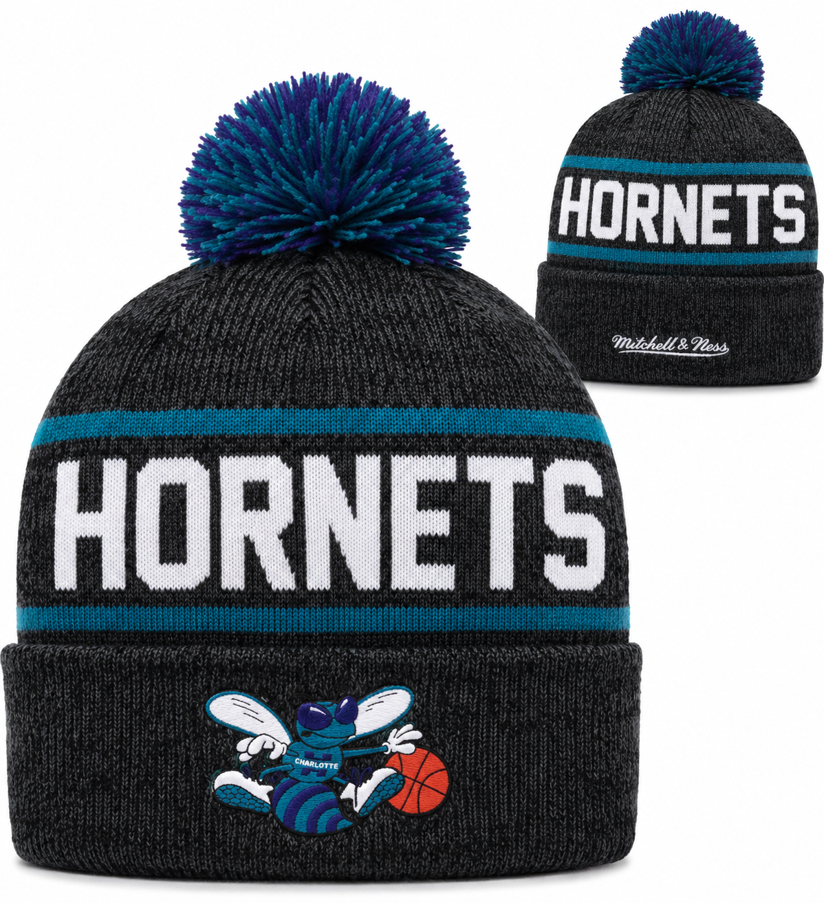 Charlotte Hornets Mitchell & Ness NBA Reload 2.0 Gray Cuffed Pom Knit Hat product image 1, provided for visual reference and