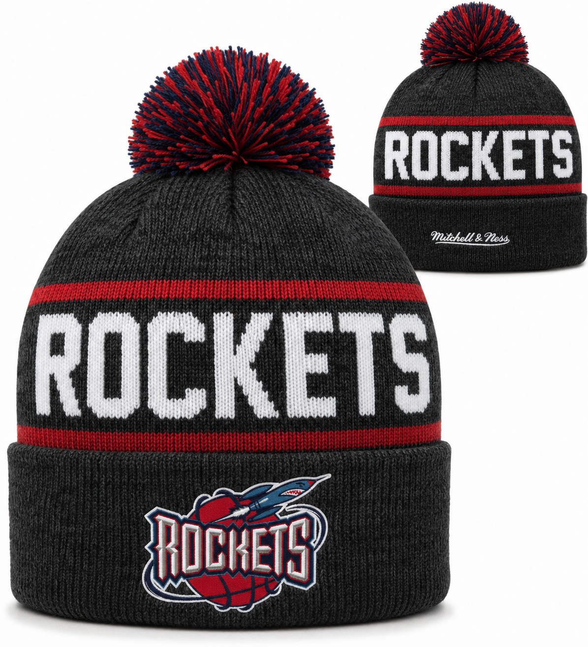 Houston Rockets Mitchell & Ness NBA Reload 2.0 Gray Cuffed Pom Knit Hat product image 1, provided for visual reference and