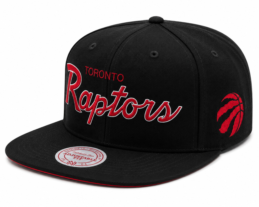Mens NBA Toronto Raptors Black Foundation Script Snapback Hat By Mitchell And Ness product image 1, provided for visual